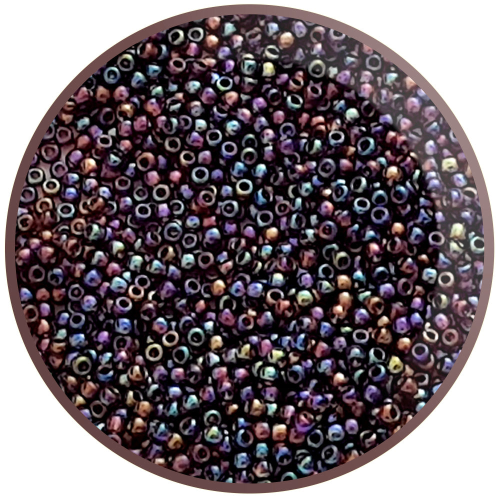 Close up in a circle 11/0 Toho Seed beads amethyst rainbow opqque.