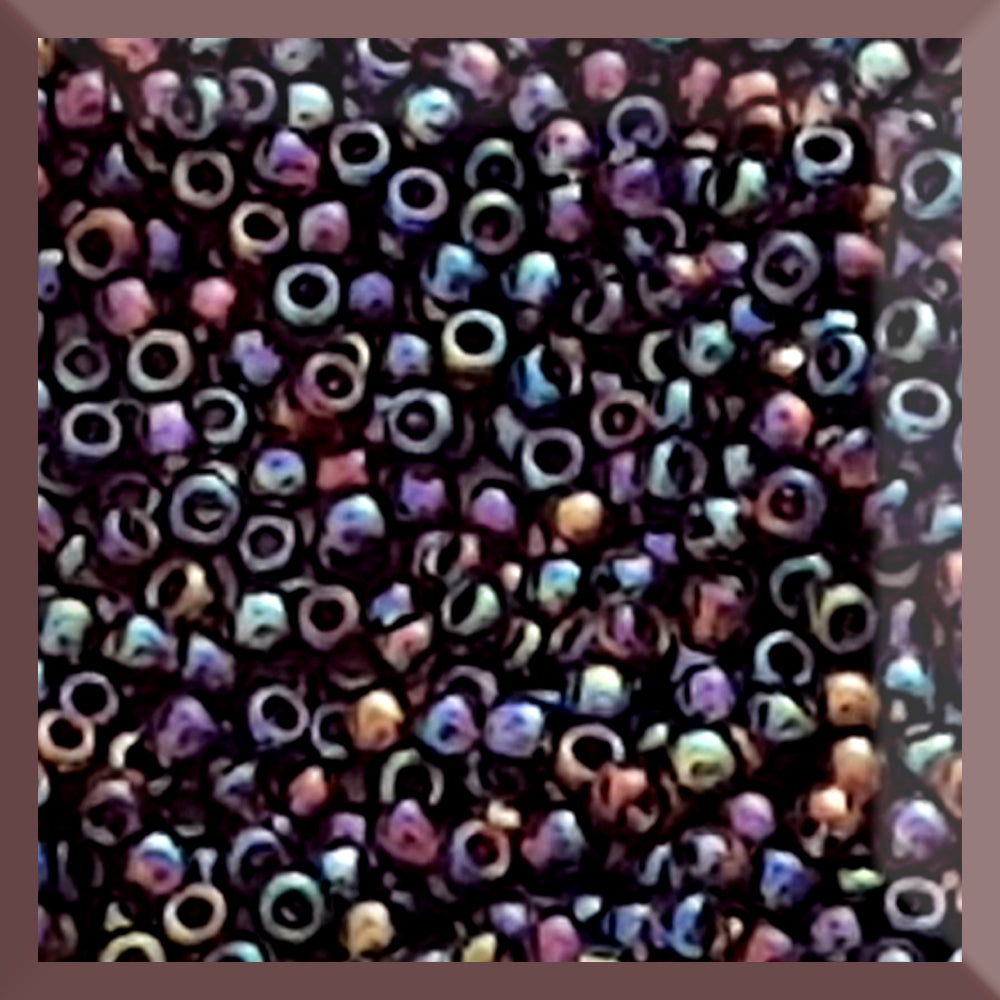 11/0 toho seed beads in amethyst rainbow opaque in a square window.