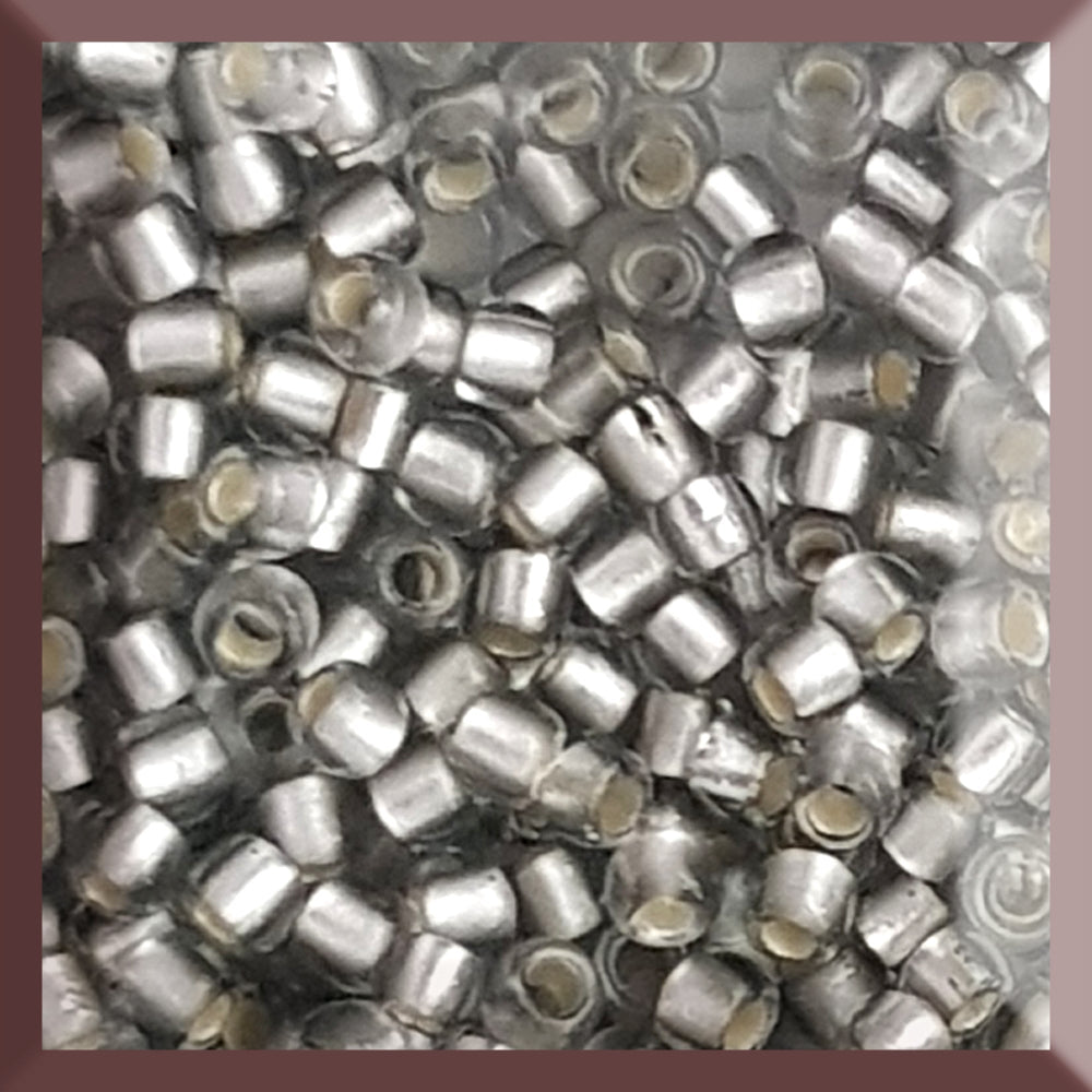 
A collection of black diamond silver lined matte Toho round seed beads. 11/0 in a square window.