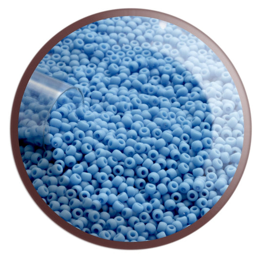 11/0 TR-43DF Cornflower Blue Opaque Matte Round Toho Seed Beads in a circle white background.