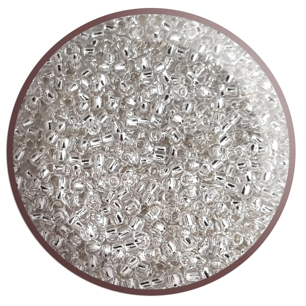 Toho 11/0 Crystal Silver-Lined TR-21 in a circle white background,