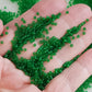 11/0 Toho seed beads in grass green frosted transparent TR-7BF close up on a hand.