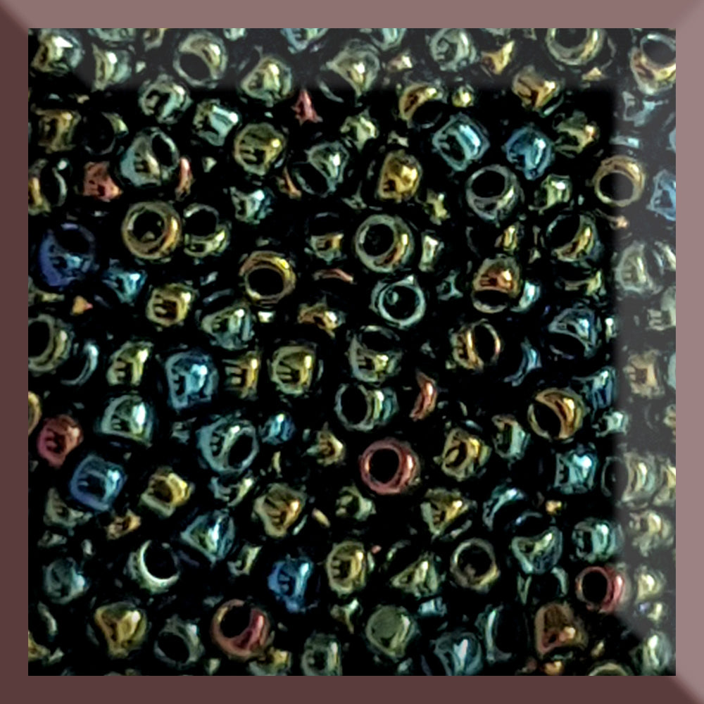 11/0 Toho seed beads in iris green brown metallic TR-84 square window.
