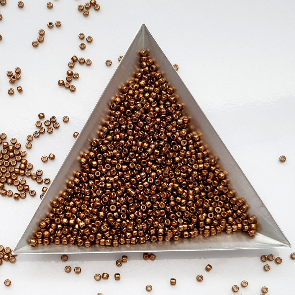 11/0 Toho Seed Beads in medal bronze galvanized permanent finish with triangle scoop.