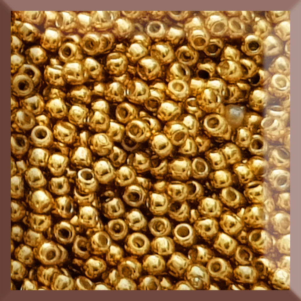 11/0 Toho Seed Beads in Old Gold Permanent Finish TR-PF591 square window.