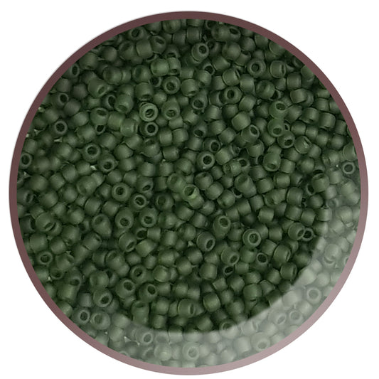 A bowl filled with olivine frosted transparent round Toho seed beads. 11/0 TR-940F