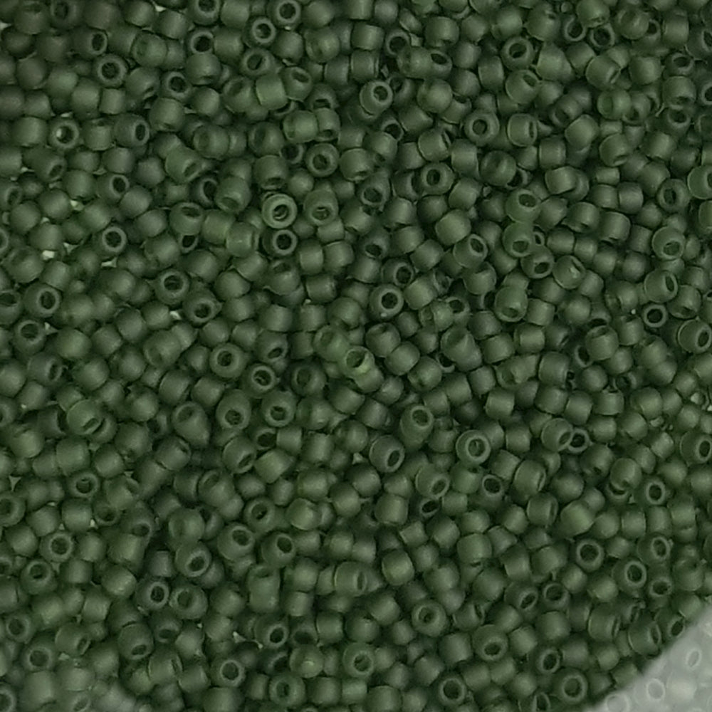 11/0 Toho Seed beads in olivine frosted transparent TR-940F close up.